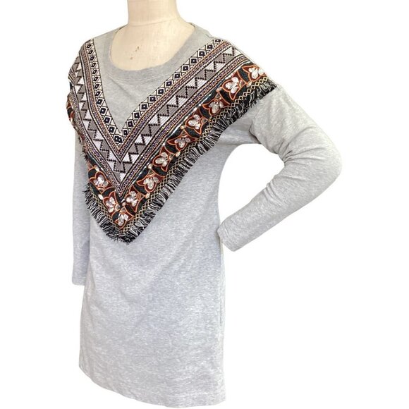 Boston Proper Gray Embroidered Sequin Fringe Boho Long Sleeve Mini Dress S #177G - Picture 3 of 8